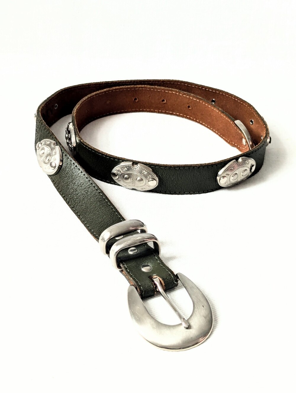 Axcess Dark Green Genuine Leather Belt Western-Style Silver Conchos